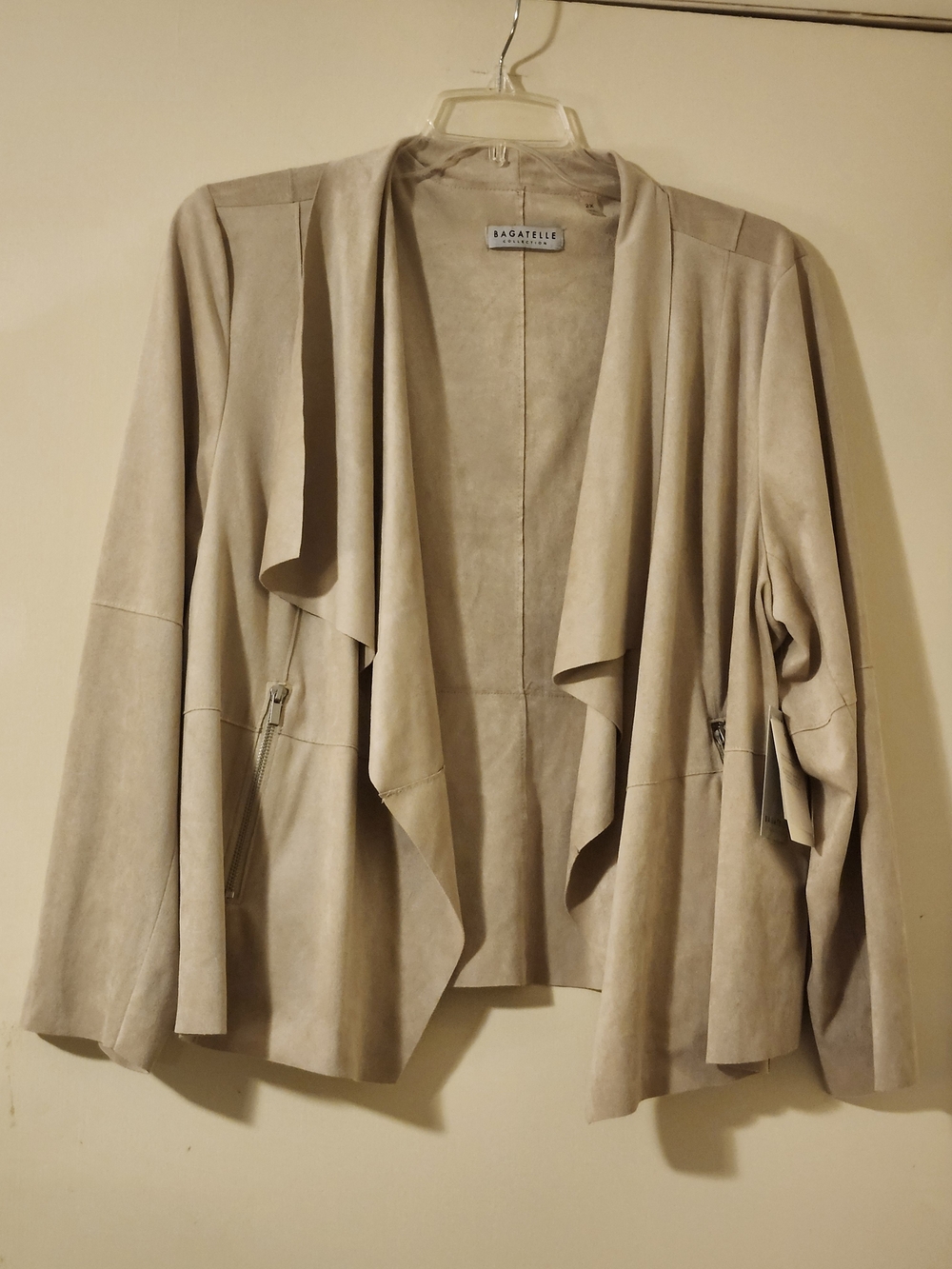 Bagatelle Taupe Faux Suede Draped Open-Front Zipper Pockets Jacket XL